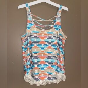 Derek Heart Women’s Multicolor Aztec Geometric Strappy Lace Trim Tank Top Sz M